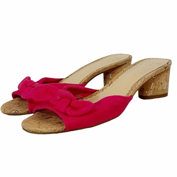 Crown & Ivy Winnie Slides Fuchsia Fabric Bow Cork Block Heel Sandal Size 7.5 - Picture 5 of 14